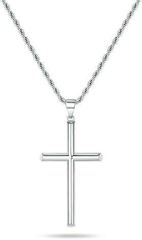 PURSEILVER Rope Chain Cross Necklace for Men, Gold Silver Black Stainless Steel Cross Pendant Necklace for Men Gifts for Men Rope Chain 16-24 Inches, 20, Stainless Steel, No Gemstone