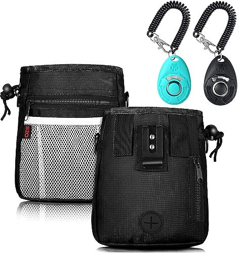 SZO Dog Treat Pouch - 3 Ways to Wear Treat Pouches for Pet Training and Clicker Taining for Dogs, Dog Training Treat Pouch Bag and Dog Clicker for Training with Waist Belt Shoulder Strap - Black