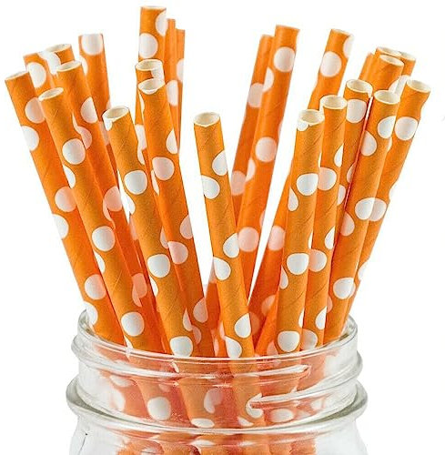 LMS Paper Straws 25pcs, Biodegradable Recyclable Drinking Straws for Wedding | Birthday Party Straws for Cocktail, Holiday, Coffee, Soda, Baby Shower Suppliers (Orange with White DOTS)