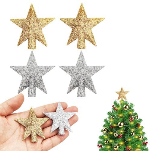 4 Pcs Mini Star Christmas Tree Topper 2.36 Inch Glitter Gold Silver Small Christmas Star Tree Topper for Xmas Holiday Tree Ornament Home Decor