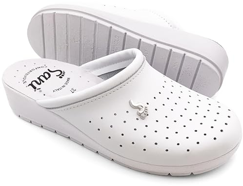 Anatomische Gesundheitsschuhe für Damen, Hausschuhe aus echtem Leder, orthopädische Schuhe, rutschfest, hergestellt in Italien, Weiß, 40 EU