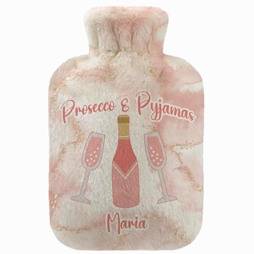 Customisable Hot Cold Water-Bottle with Soft Fleece Cover Personalised Water-Bag 2 Litre Prosecco & Pyjamas [092]