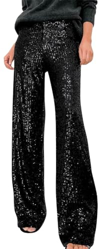 OBEEII Glitzer Hose Damen Pailettenhose Weites Bein Hose Elastische Taille Lose Fit Glitzerhosen Elegant Frauen Freizeithose Party Festival Club Mode Hosen Schwarz S