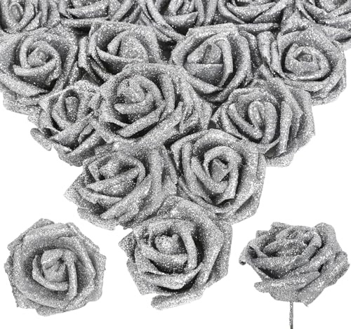INSUNSIX 30 rose artificiali glitterate argentate con steli, fiori in schiuma glitterata, 6,5 cm, rose finte glitterate, per addio al nubilato, bouquet di nozze, decorazione da tavolo (argento)