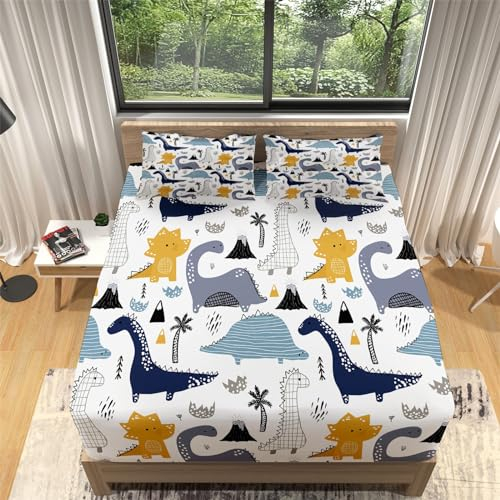 Spannbettlaken 140x200cm Cartoon-Dinosaurier-Welt Spannbetttuch Boxspringbett Weiches Microfaser, Bis 30cm Matratzenhöhe, Elastisches Matratzenschoner für Boxspringbett & Wasserbett