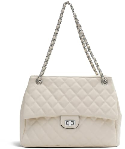 Umhängetasche Damen Klein Handtaschen - PU Leder Crossbody Bag für Frauen Unterarmtasche Elegante Schultertasche Metallic Kette Riemen Lingge Tasche Kleine Gesteppte Abendtasche Citytasche(Beige)