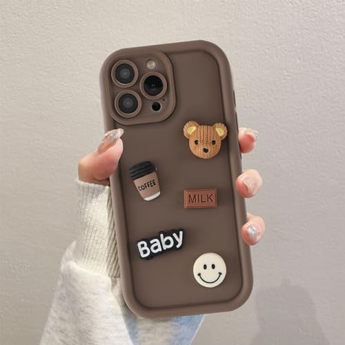 Coalbooliy Coques pour iPhone 15 Pro Max 6,7'', Étui Brun Souple TPU Silicone Aesthetic Ours en Peluche Modèle 3D Dessin Durable Housse de Antichoc Camera Protection Cover Cadeau Filles, 01