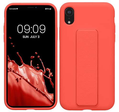 kwmobile Case Compatible with Apple iPhone XR - Case with Hand Strap and Stand Soft TPU Silicone Coating - Coral