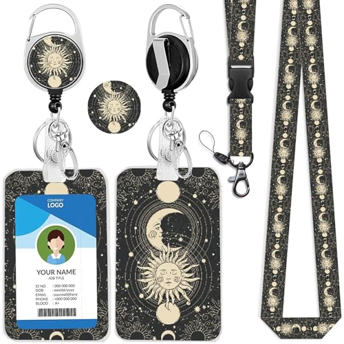 bolimoss Cordon soleil et lune avec porte-carte pour tour de cou, joli porte-badge d'identification rétractable pour enseignants, femmes et hommes