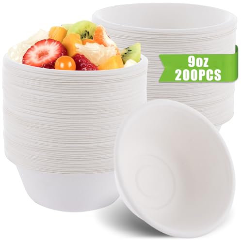 Oungy 200Pcs Disposable Paper Bowls, 260ml/9oz Bagasse Bowls White Disposable Bowls for Parties Biodegradable Compostable Sugarcane Bowls for Salad Cereal Dessert
