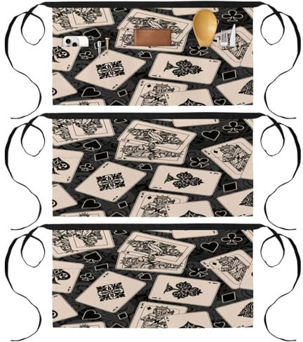 VAPOKF 3 Packs Waist Apron, Short Chefs Waiter Waitress Apron with 3 Pockets, Half Apron for Cooking Baking Home Cleaning Restaurant Work Bistro Bar - Skeleton Queen and King Playing Cards