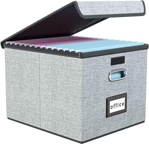 FINEW Stoff Faltbare Aufbewahrungsbox mit Deckel, Hängemappenbox für DIN A4 Hängeregister, Aufbewahrungsboxen für Büro, Faltbox für Familien (Grau)