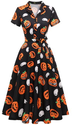 Wedtrend Cocktailkleid Damen Midilang Elegant Wellenpunkt Vintage Kleider Kleid im Audrey Hepburn Stil WTP30001 BlackHalloweenPumpkinGhost M
