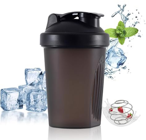 Luoqun88 Protein Shaker Bottle with Stainless Steel Mixing Ball, BPA- and DEHP-free, Leakproof Flip On Lid- Protein & Supplement Shaker Bottle 400ml（Black）