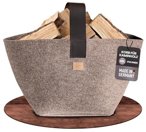 Designer Kaminholzkorb Filz [40L] - Made in Germany Holzkorb für Kaminholz aus upcycling rPET Filz mit Echtlederhenkel - Feuerholzkorb standfest und stabil (Beige - 40L)