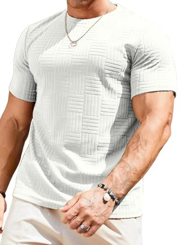 Meilicloth Mens T Shirt Short Sleeve Tshirts Plain Solid Basic Sportwear Casual Crewneck Pullover Top Muscle Tee Textured Shirt White Medium