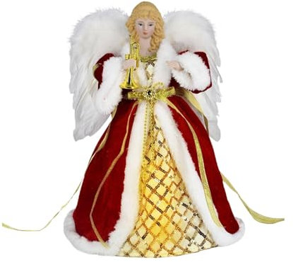 Walopola Puntale per albero di Natale, angelo con luci LED, argento e rosso, statuetta con luci LED calde, 30,5 cm, decorazione natalizia