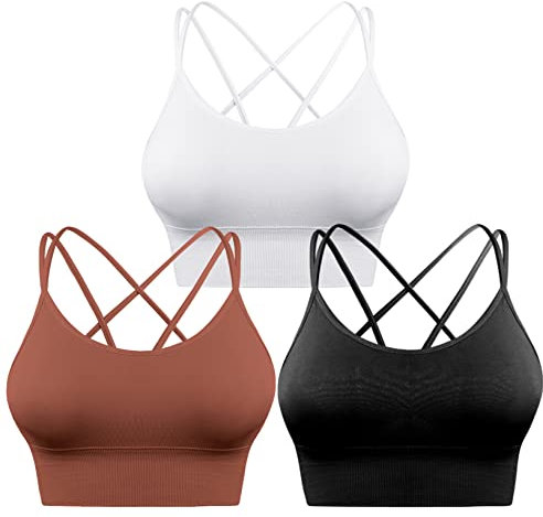 Sykooria Sport-BH für Damen, sexy, überkreuzt, für Yoga, Laufen, Athletik, Fitnessstudio, Workout, Fitness, 3 Stück, 3er-Pack, Schwarz + Weiß + Bronze, X-Large