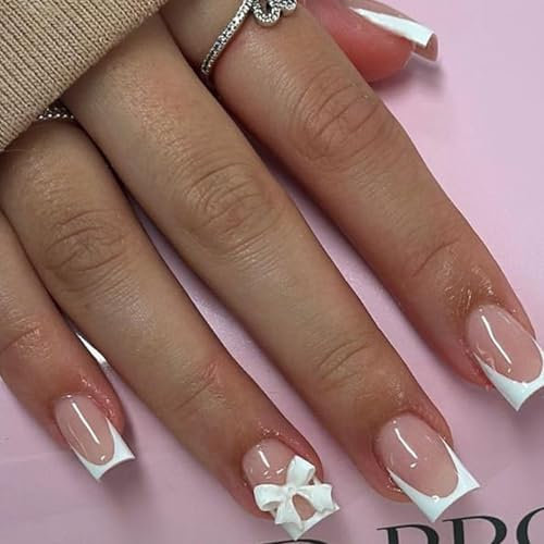 Ceboic 24Pcs Court Carré Faux Ongles Autocollants, Rose Blanc Ongles à Coller avec 3D Noeud Papillon French Press on Nails, Réutilisables Acrylique Ongles pour Femmes et Filles, 12 Tailles