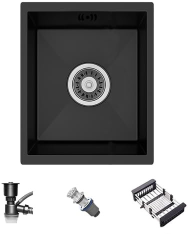 Fregadero de cocina negro de 38 x 30 cm, de acero inoxidable, compacto, de un seno bajo encimera, con escurridor y rejilla de secado, ideal para cocinas pequeñas, bares o lavaderos (38 x 30 cm)