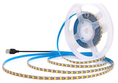 Vrabocry 5V USB LED Strip LED Streifen kaltes Weiß 120Leds/m 3mm Schmale Breite pcb 5m SMD2835 LED Band Selbstklebend Nicht Wasserdicht IP20 Lichtband für Innen Heim Küche Deko