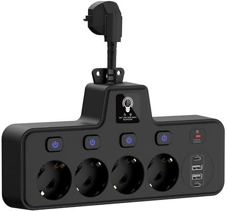 Steckeradapter mit Touch-Nachtlicht mit 4 Steckplätzen, 2 Typ-C+2 USB-Anschlüssen,EU-Steckdosenleisten Einzelschaltbar, Überspannungsschutz,Schwarz für Zuhause, Büro (Schwarz)