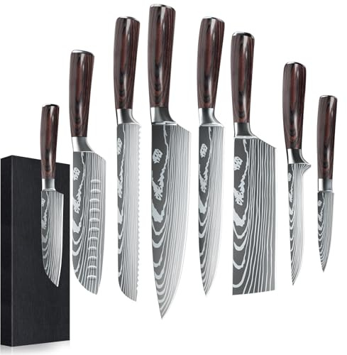 Dfito Kitchen Knife Set, 8 Piece Chef Knives Sets, High Carbon Stainless Steel Kitchen Knives with Red Pakkawood Ergonomic Handle with Gift Box