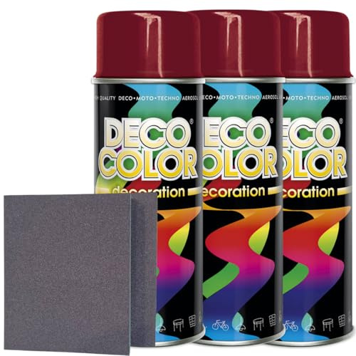 Craft-Equip DC 3er Sparpack Lackspray nach RAL in 400ml zur Lackierung von Auto Stahl Aluminium Beton Holz und 2 Stück Schleifpads (3 Dosen in rubinrot glanz RAL 3003 + 2 Stück Schleifschwamm)