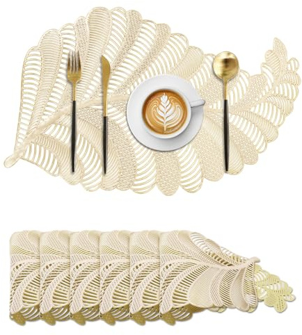Komforbaa Set Copripiatti a Forma di Foglia 6 Pezzi, Copripiatto in PVC, Resistente al Calore per Decorazione di Tavolo Cucina, Set di Tavolo, Lavabile Antiscivolo Oro