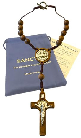 SANCTRA Door Knob Rosary, Handmade and Blessed in the Holy Land, Catholic Decor with Medal and Crucifix, Gift Pouch and Certificate of Authenticity, Cross Door Hanger