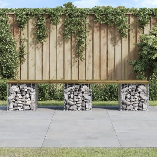 Teenpull Banc de jardin Gabion 203 x 44 x 42 cm, pin imprégné, acier galvanisé robuste, résistant aux intempéries, pour jardin, terrasse, extérieur