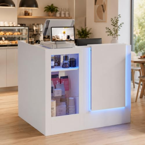 Caldion Empfangstheke mit LED-Beleuchtung mit Tatsaturschublade | Rezeptionstheke aus gehärtetem Glas Empfangstisch L-Form Weiß 120x100x103cm
