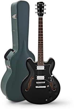 Hartwood Chitarra semi-acustica Revival e custodia rigida, Jet Nero | Include Custodia Rigida, Ponticello Fisso per Accordatura Stabile e Sustain, Corpo Semi-Cavo in Tiglio, Jet Black