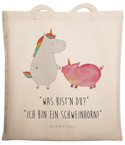 Mr. & Mrs. Panda Tragetasche Einhorn Schwein - Geschenk, Schweinhorn, Schweinchen, Einhörner, Pegasus, Stoffbeutel, Stofftasche, Unicorn,