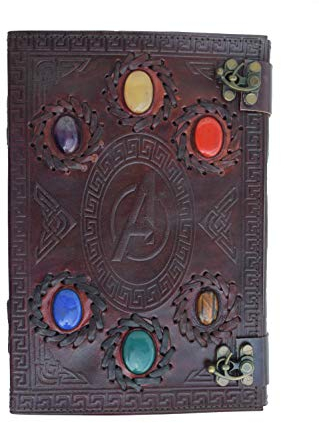 Avengers Vintage handgemachte Infinity Stones Leder nachfüllbar Journal/Reise schreiben Tagebuch/Notebook mit natürlichen Halbedelsteinen und Schnalle/Schloss/Riegel Lederjournal Ledertagebuch