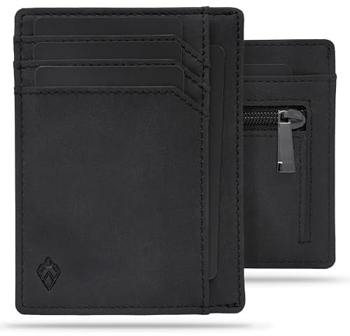 AKIELO Portefeuille Homme RFID Blocage avec Compartiment à Fermeture Éclair pour Pièces et Coffret Cadeau – Porte Cartes Ultra Fin – Porte Monnaie Homme Minimaliste (Édition Fermeture Éclair Noir)