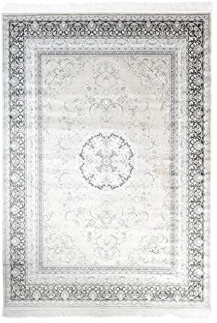 TAPISO Jafar Teppich Wohnzimmer Dünn Fransen Kurzflor Klassisch Oriental Medaillon Floral Ornament Bordüre Creme Silber Schwarz Viscose 160 x 230 cm