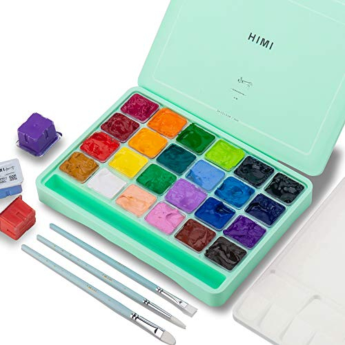 HIMI Gouache-Farbenset, 24 Farben x 30 ml, einzigartiges Geleebecher-Design mit 3 Malpinseln und einer Palette in einer Tragetasche, perfekt für Künstler, Studenten, Gouache-Aquarellmalerei (Grün)