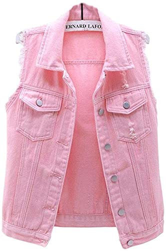 Lazutom Gilet veste sans manches en jean effet vieilli à boutons pour femme, rose, 32