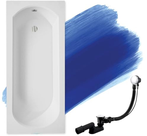 BADLAND Badewanne Original Weiß Acryl Wanne Rechteck INTRICA SLIM 170x75 KOMPLETTSET SET + Füßen und Exklusive Chrom Automatik Ablaufgarnitur Made in EU 3in1