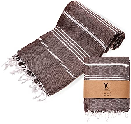 YENGAS Hamamtuch XXL, 95x175 cm, Oeko-TEX Zertifiziert, 100% Baumwolle, Großes Peshtemal Tuch, Badetuch für Spa, Sport, Leicht & Platzsparend, Saunatuch, Strandtuch, Braun