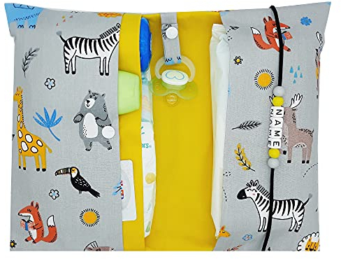 Große Windeltasche XXL mit Name personalisiert - Wickeltasche Zootiere Safari grau gelb