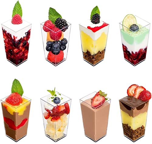 KAHEIGN 60Pcs Mini Desserttasse Dessertbecher, 85ml Dessertschalen Plastik Quadratische Dessertbecher Klare Wiederverwendbare Servierschale für Dessert Pudding Mousse Party (3,8 x 8,3 cm)