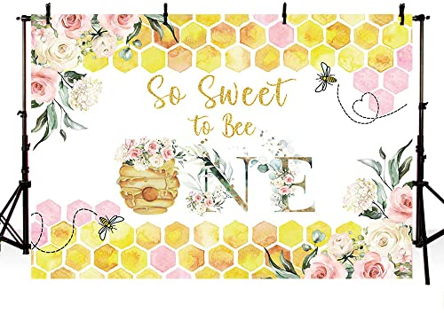 MEHOFOND 2,1 x 1,5 m So Sweet to Bee 1. Geburtstag Hintergrund Honigbiene Rosa Blumen Fotografie Hintergrund EIN Jahr alt Party Banner Dekorationen Wabenkuchen Smash Tapete Fotostudio Requisiten