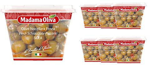 MADAMA OLIVA, Olive Schiacciate Nocellara Verdi Piccanti, Gusto Forte e Deciso, Ideali da Accompagnare con Formaggi Stagionati e Speziati, Antipasti e Salumi, 100% Made in Italy, 6 x 250 gr