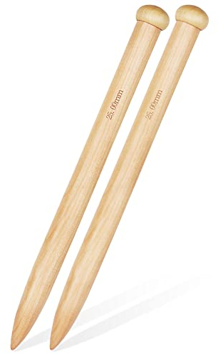 Aeelike 2 Stück Einspitzige Groß Stricknadeln Holz Bambus Stricknadeln Set, 35 cm Extra Lang Chunky Stricknadeln für Anfänger und Profis, 25 mm Handarbeit Dick Stricknadel Set für Decken, Teppiche