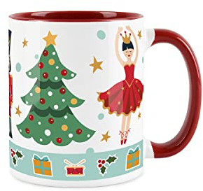Purely Home Nutcracker Suite Ballet Christmas Mug - White and Red Christmas Tree Festive Tea Coffee Present Gift