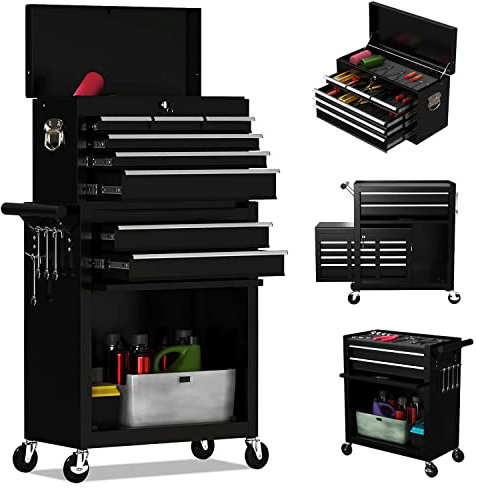 8-Drawer High Capacity Rolling Tool Chest, Removable Cabinet Storage Tool Box with Wheels and Drawers, Detachable Toolbox with Lock for Workshop Mechanics Garage (Black)