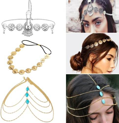 KARLOR 3 Stücke Kopfschmuck silber Kopfkette Haarskette Boho Stirnband Türkis Münzen Metallschnitzen Prinzessin Haarband Hochzeit Fest Party Halloween Cosplay Kopfschmuck Damen Mädchen(Indianer Set)