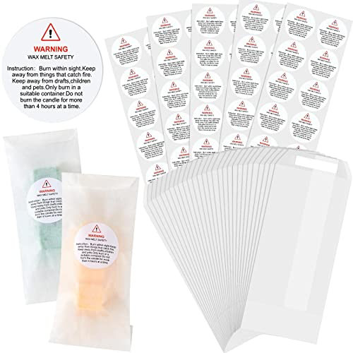 50 Sets 7 x 16 cm Duftwachs Pergamin Papiertüten und Kerzen Warnetiketten Set Selbstklebende Pergamin Flachbeutel Kerzen Warnaufkleber für Duftwachs Kerzen Dose Geschenk